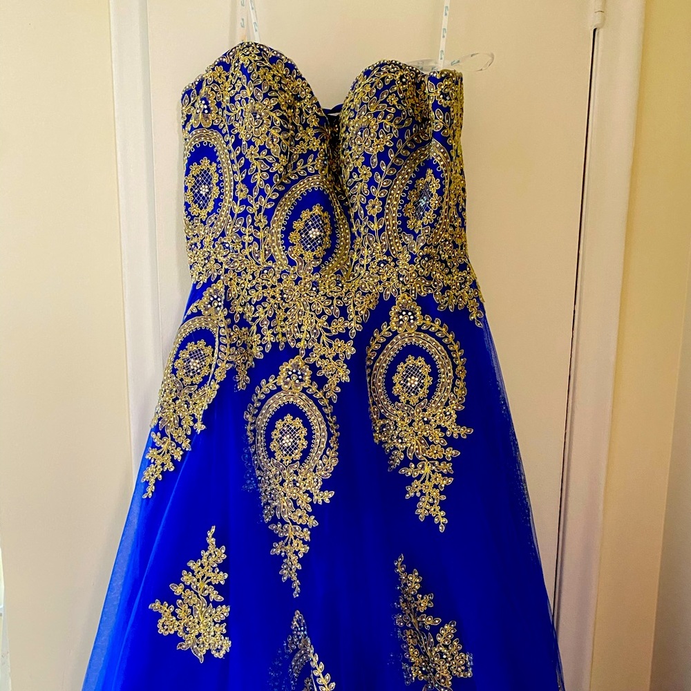 Royal blue gold embroidered gown